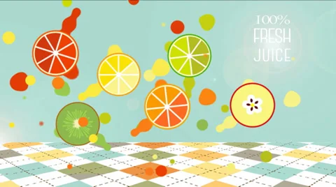 100% Fresh Juice. Fruit drops animated. Stock Footage 35401097
