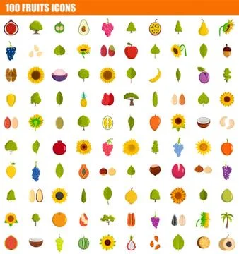 100 fruits icon set, flat style イラスト素材