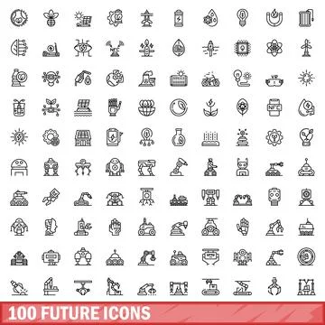 100 future icons set, outline style 库存插图