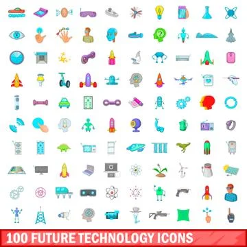 100 future technology icons set, cartoon style Ilustración de archivo