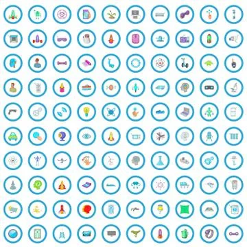 100 future technology icons set, cartoon style Stock Illustration