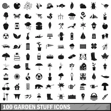 100 garden stuff icons set, simple style Stockillustratie