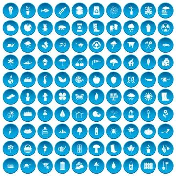 100 garden stuff icons set blue Stock Illustration