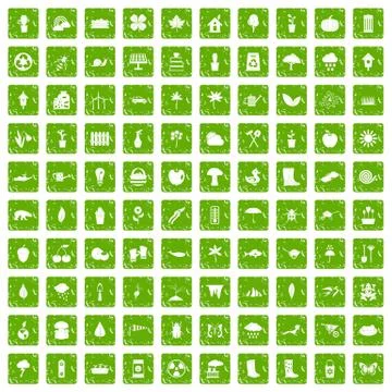 100 garden stuff icons set grunge green Stockillustratie