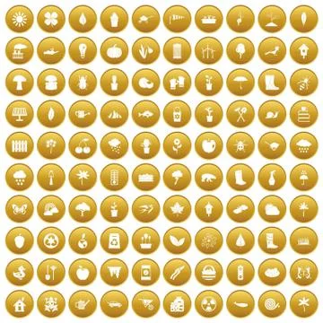 100 garden stuff icons set gold Stock Illustration