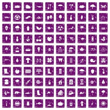 100 garden stuff icons set grunge purple Stock Illustration
