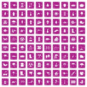 100 garden stuff icons set grunge pink Stock Illustration