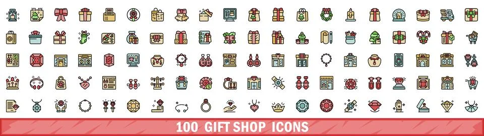 100 gift shop icons set, color line style Stock Illustration