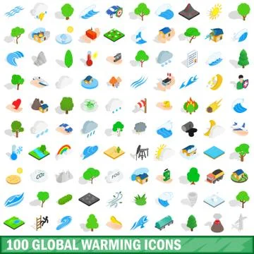 100 global warming icons set, isometric 3d style Illustrazione stock