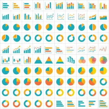 100 graph and chart infographic icon flat design Stock Illustration