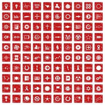 100 graphic elements icons set grunge red Illustrazione stock