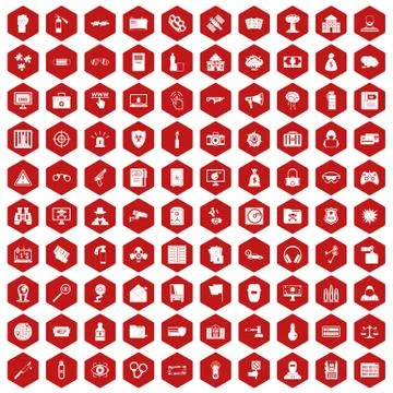 100 hacking icons hexagon red Stock Illustration