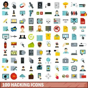 100 hacking icons set, flat style Stock-Illustration