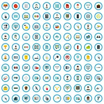 100 hacking icons set, flat style Stock-Illustration