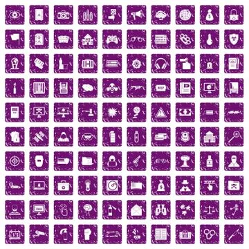 100 hacking icons set grunge purple Illustrazione stock