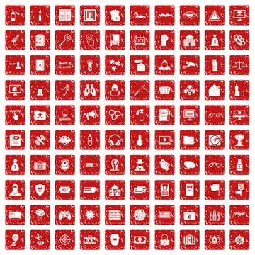 100 hacking icons set grunge red Stock Illustration