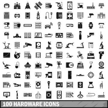 100 hardware icons set, simple style Stock Illustration