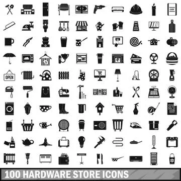 100 hardware store icons set, simple style Stock Illustration