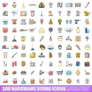 100 hardware store icons set, cartoon style Stock Illustration
