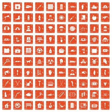 100 help icons set grunge orange Stock Illustration