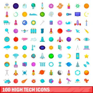 100 high tech icons set, cartoon style Stock Illustration
