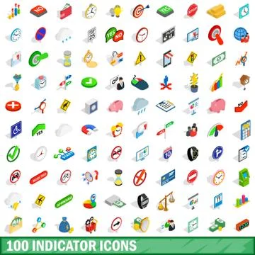 100 indicator icons set, isometric 3d style Stock Illustration
