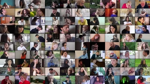 100 Individuals Reflecting Deep Sorrow and Emotional Strain in Multiscreen 스톡 동영상 293330692