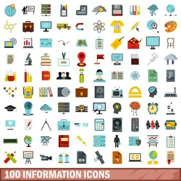 100 information icons set, flat style Stock Illustration