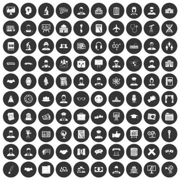 100 intelligent icons set black circle Stock Illustration