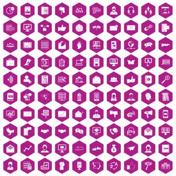 100 interaction icons hexagon violet Stockillustratie