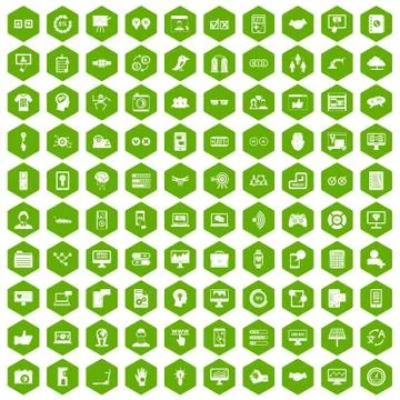 100 interface icons hexagon green Stock Illustration