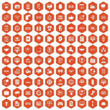 100 interface icons hexagon orange Stock Illustration