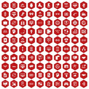 100 interface icons hexagon red Stock Illustration