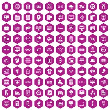 100 interface icons hexagon violet Stock Illustration