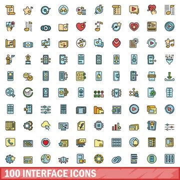 100 interface icons set, color line style Stock Illustration