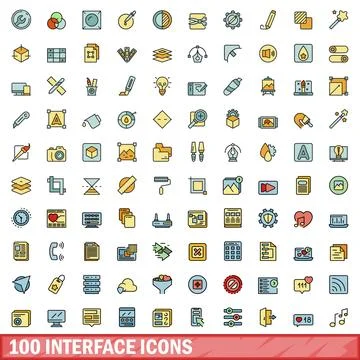 100 interface icons set, color line style Stock Illustration