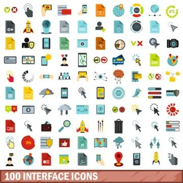 100 interface icons set, flat style Stockillustratie