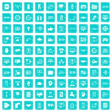 100 interface icons set grunge blue Stock Illustration