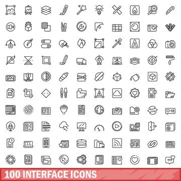 100 interface icons set, outline style Stock Illustration