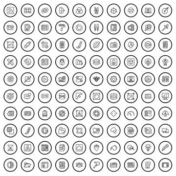 100 interface icons set, outline style Stock Illustration