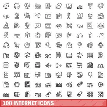 100 internet icons set, outline style Stock Illustration