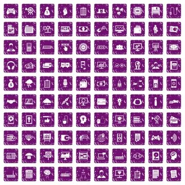 100 IT business icons set grunge purple Stock Illustration
