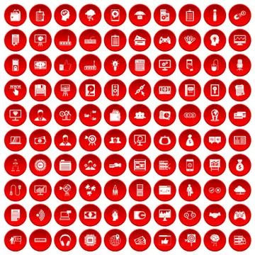 100 IT business icons set red Illustrazione stock
