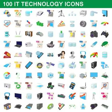100 it technology icons set, cartoon style 스톡 일러스트
