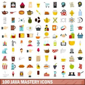 100 java mastery icons set, flat style Stock Illustration