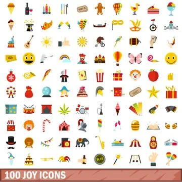 100 joy icons set, flat style Stock Illustration