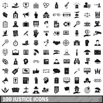 100 justice icons set, simple style Illustrazione stock