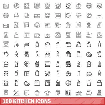 100 kitchen icons set, outline style Illustrazione stock