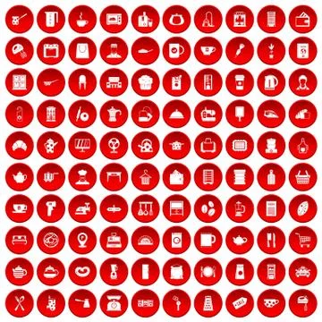 100 kitchen utensils icons set red Stock Illustration