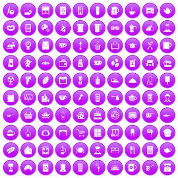 100 kitchen utensils icons set purple Stock Illustration